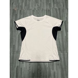 REEBOK PLAY DRY SHORT SLEEVE WOMENS SHIRT SIZE LARGE- WHITE/ BLACK FITNESS